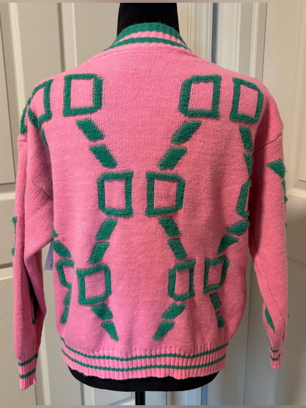 NWT Hallie Pink and Green Geometric  Pattern Cardigan Sweater - Picture 4 of 8